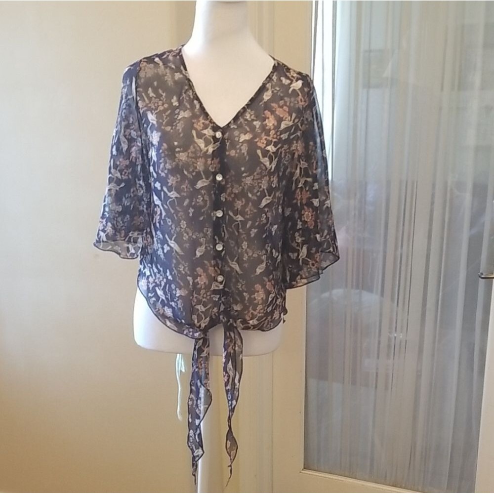 Angie Gray White Tie Front Blouse | Floral Boho Sheer Button Down Sz L